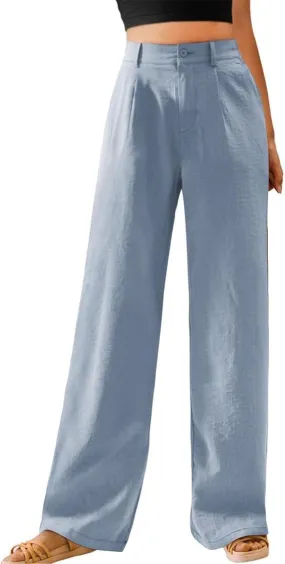 Women's Pull On High Waist Wide-Leg Pants Button Down Straight Long Trousers Slack Flowy Palazzo Pant with Pocket