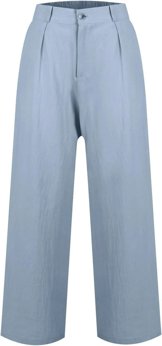 Women's Pull On High Waist Wide-Leg Pants Button Down Straight Long Trousers Slack Flowy Palazzo Pant with Pocket