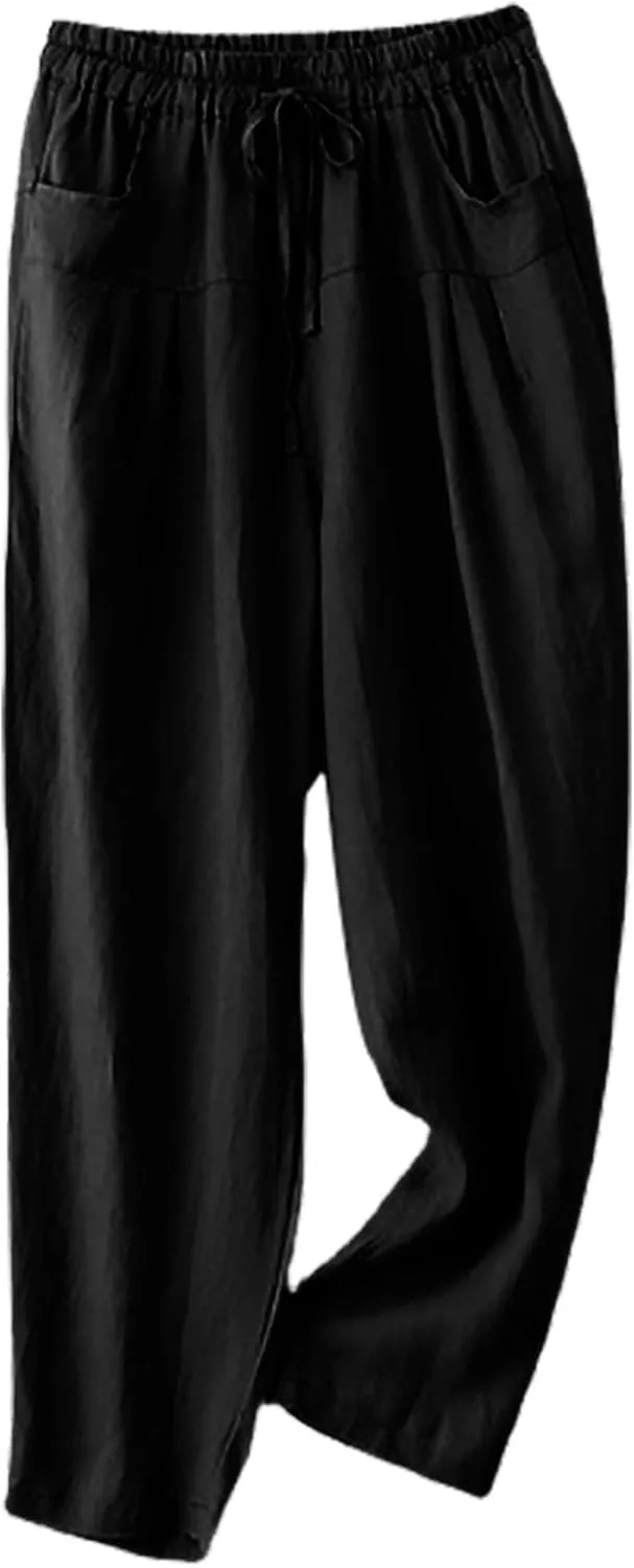 Women's Pure Cotton Linen Capris Loose Elastic Crop Trousers Soft Lightweight Casual Straight Legs Pants Sweatpant