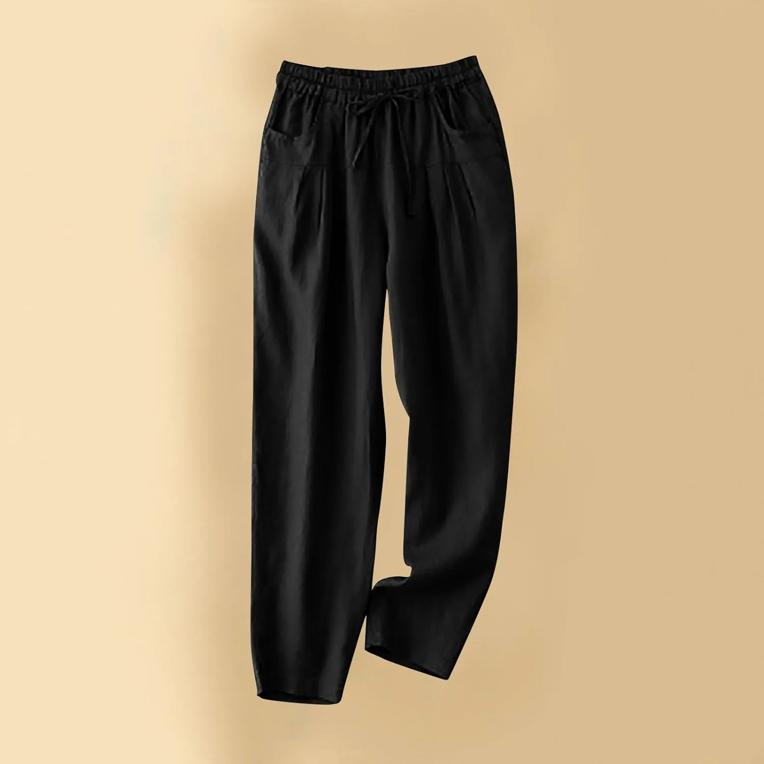 Women's Pure Cotton Linen Capris Loose Elastic Crop Trousers Soft Lightweight Casual Straight Legs Pants Sweatpant