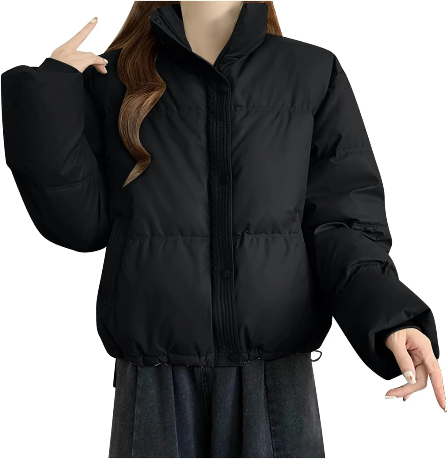 Women's Winter Jackets Long Sleeve Zip Puffer Jacket Solid Color Stand Collar Baggy Short Down Coats with Pockets